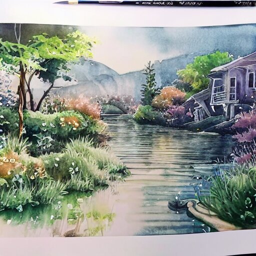 Beautiful happy picturesque charming sci-fi town in harmony with nature. Beautiful light. Water and plants. Nice colour scheme, soft warm colour. Beautiful detailed watercolor by Lurid. (2022)