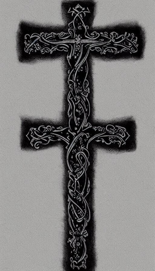 tattoo art, gothic cross with a sky background, white and black 