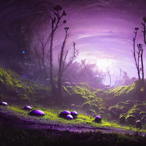 concept art painting of a fantasy alien fungal landscape at night, with glowing blue lights, glowing blue mushrooms, dark purple sky, realistic, detailed, cel shaded, in the style of makoto shinkai and greg rutkowski and albert bierstadt and james gurney 