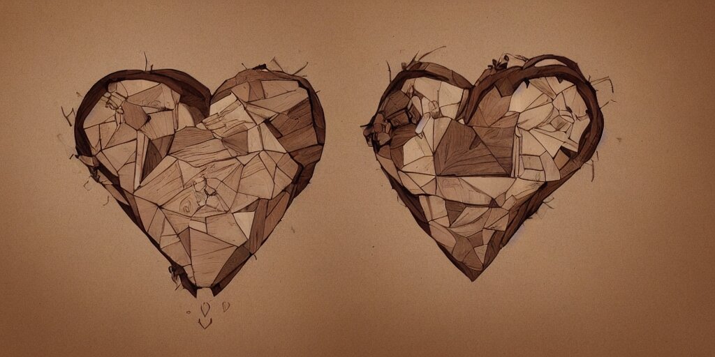 wooden heart design, character sheet, 3d render, Greg Rutkowski, Zabrocki, Karlkka, Jayison Devadas, Phuoc Quan, trending on Artstation, 8K, ultra wide angle, zenith view, pincushion lens effect