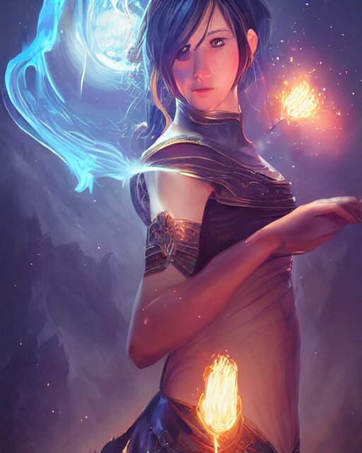 digital art by wlop and artgerm in the style of throne of glass book covers illustrations, a young adult female magician with fireballs in hand and a blue magic lighting aurea overlay 