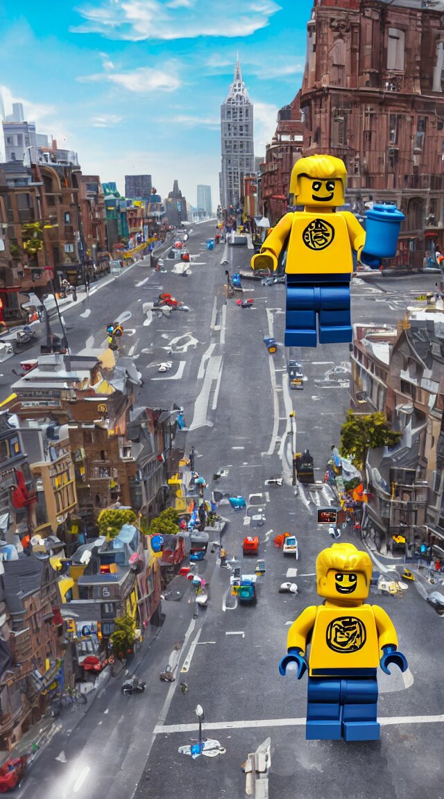 hyperrealistic giant enormous lego minifigure walking over city street, street view, epic lighting, composition, view from ground, buildings, cars, sky 