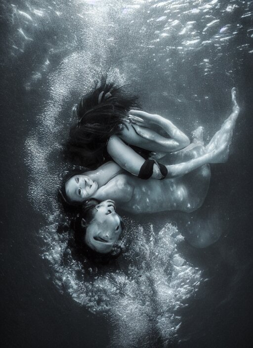 a photo of a a vast underwater with a woman in the center curled and hugging her knees. Cinematic post-processing. Award winning portrait photography. Sharp eyes.