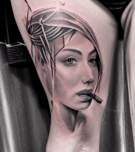 tattoo design on white background of a beautiful girl warrior, hyper realistic, realism tattoo, by eliot kohek 