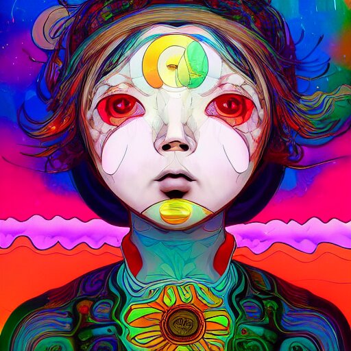 a psychedelic portait of a girl by takashi murakami,, beeple and james jean, aya takano color style, 4 k, super detailed, night sky, digital art, digital painting, celestial, majestic, colorful 