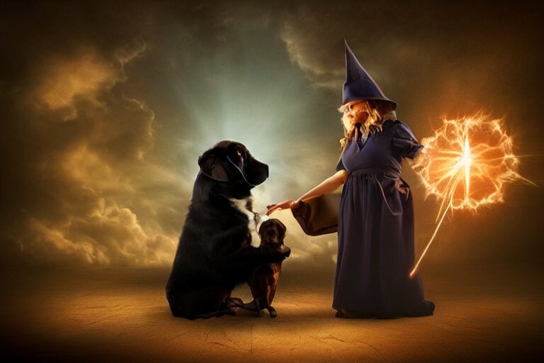 puppy wizard casting a magic spell on an evil witch, majestic pose, dramatic lighting, cinematic scene 