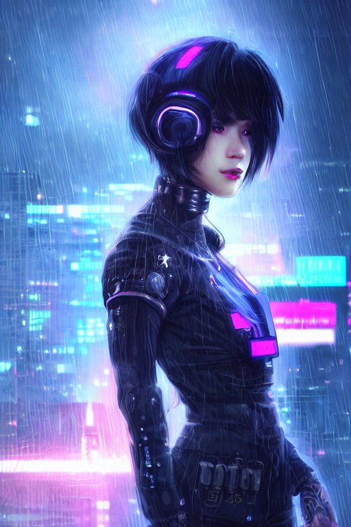 portrait futuristic kawaii cyberpunk female police, in heavy rainning futuristic tokyo rooftop cyberpunk night, ssci-fi, fantasy, intricate, very very beautiful, elegant, neon light, highly detailed, digital painting, artstation, concept art, soft light, hdri, smooth, sharp focus, illustration, art by tian zi and craig mullins and WLOP and alphonse mucha