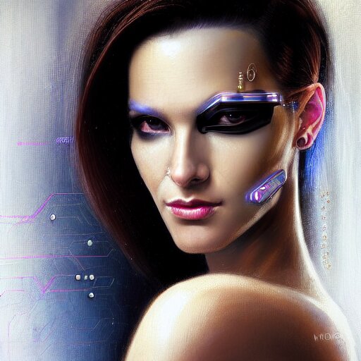 Facial portrait of a gorgeous cyberpunk girl, looking away from the camera, seductive smile, gold jewellery, elegant revealing intricate dress, sparkle in eyes, lips slightly parted, long flowing hair, no hands visible, diamonds, science fiction, delicate, teasing, arrogant, defiant, bored, mysterious, intricate, extremely detailed painting by Mark Brooks (and by Greg Rutkowski), visible brushstrokes, thick paint visible, no light reflecting off paint, vibrant colors, studio lighting