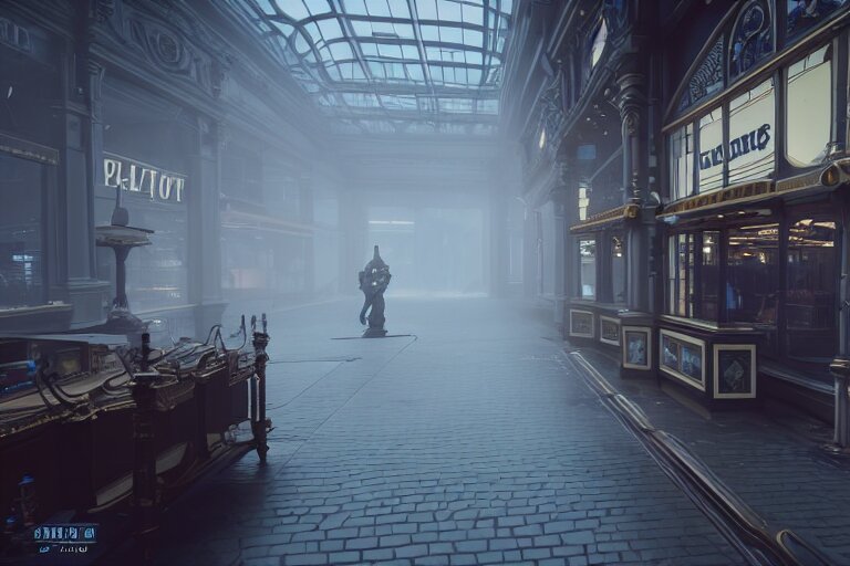 point of view of a gunner on a victorian shopping mall, cinematic lightning, ray tracing, unreal engine 5, photorealistic, 8 k, uhd, 4 k, fps game concept, extremely detailed, beautiful, elegant, intricate, foggy, in - game footage 