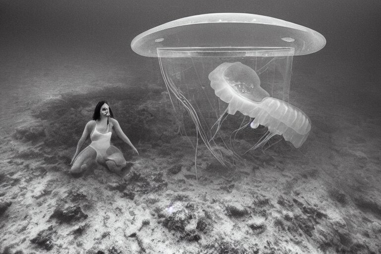 high-angle view of a Ukrainian lush female jellyfish human hybrid wearing vacuum tube amp roman armor and transparent amber neck guard with transparent digital number readout floating in front of face, sitting inside of an underwater airport terminal with a large submarines in the horizon silt rising from the seabed floor, filing cabinets in the sand, ektachrome color photograph, volumetric lighting, off-camera flash, 24mm f8 aperture