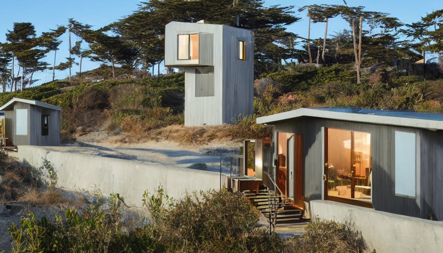 An architectural rending of an eco-community neighborhood of innovative contemporary 3D printed sea ranch style cabins with rounded corners and angles, beveled edges, made of cement and concrete, organic architecture, on the California coastline with side walks, parks and public space , Designed by Gucci and Wes Anderson, golden hour