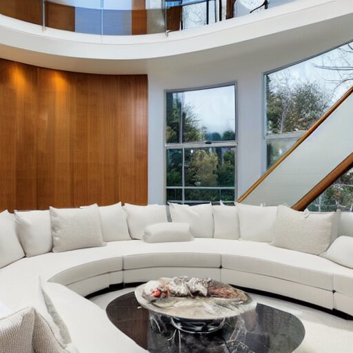 A modern style living room with floor to ceiling glass windows on the left and curved wooden stairs going upstairs on the right, two white sofas with a white marble table in the center, stairs to the second floor, 8k resolution, professional interior design photograph, wide angle photograph