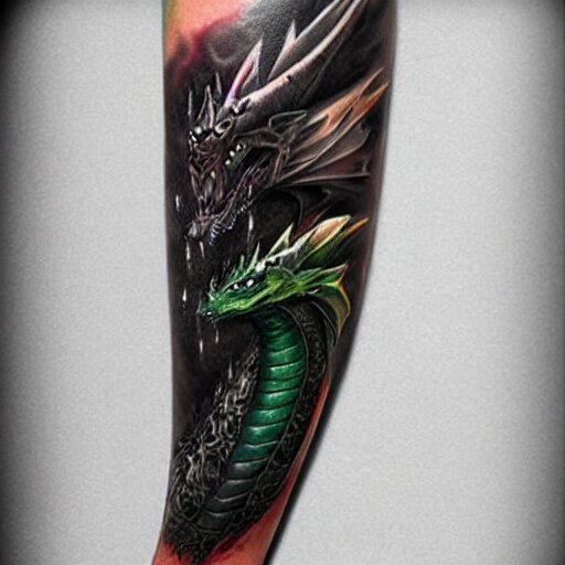 dark and vibrant fantasy dragon!!! drake wyvern, black and emerald dragon!!, forearm tattoo