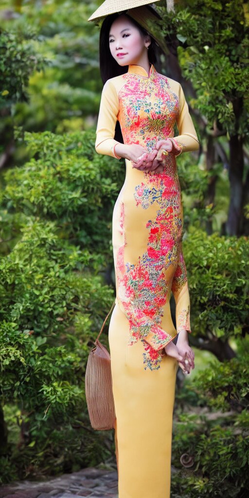 beautiful vietnamese woman wearing vietnamese ao dai, intricate, detailed, symmetric face 