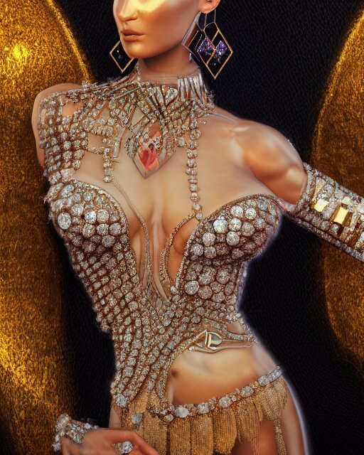 a highly detailed metahuman 8 k close up render of bella hadid in gustav klimt style in diamonds crystals swarovski and jewelry on artstation made in unreal engine 4 