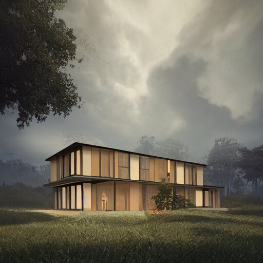 rectangular modernist house inspired by a tibetan palace, surrounded by thick collumns, two levels, in a field, big trees, clouds, dramatic lighting, artstation, matte painting, raphael lacoste, simon stalenhag, frank lloyd wright, drone view 