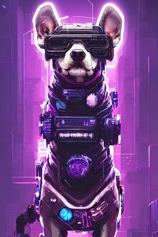 a beautiful portrait of a cute cyberpunk dog by sandra chevrier and greg rutkowski and wlop, purple blue color scheme, high key lighting, volumetric light, digital art, highly detailed, fine detail, intricate, ornate, complex, octane render, unreal engine, photorealistic 