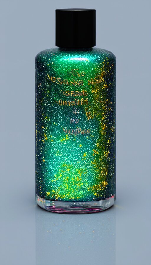 a beautiful bottle of nail polish filled with forest green small galaxy's and nebulas and blue sparkles, insane, intricate, highly detailed, Zeiss Lens, smooth, sharp focus, Unreal Engine 5, Octane Render, Redshift, 8K