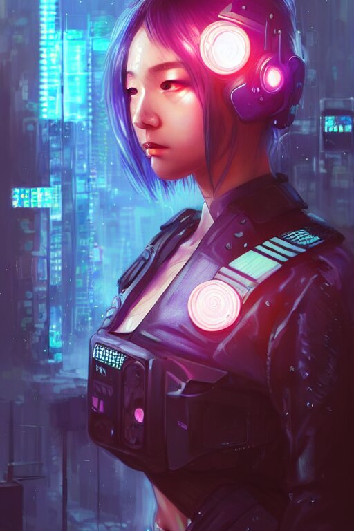 portrait futuristic kawaii cyberpunk female police, in heavy rainning futuristic tokyo rooftop cyberpunk night, ssci-fi, fantasy, intricate, very very beautiful, elegant, neon light, highly detailed, digital painting, artstation, concept art, soft light, hdri, smooth, sharp focus, illustration, art by tian zi and craig mullins and WLOP and alphonse mucha