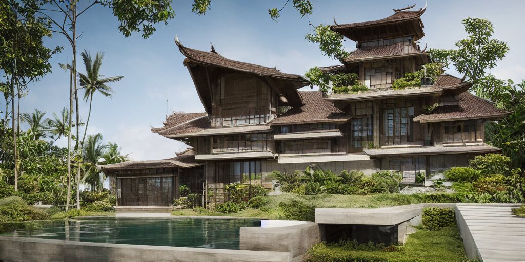 3d rendering  of beautiful nature meets architecture concept of a residential house. balinese architecture by Kengo Kuma, volumetric lighting, luxury, high detail, 14mm, cinematic photography, cg architects,  high resolution