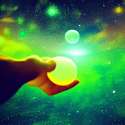 a human hand holding a bunch of glass bubbles in a cosmos space full of stars and vibrant clouds, volumetric light, green and yellow colors, digital art, artstation 