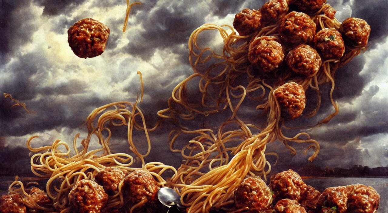 spaghetti bolognesa with meatballs and hundred rusted perfect woman bodies flying in stormy clouds by dali, hyper - realism 