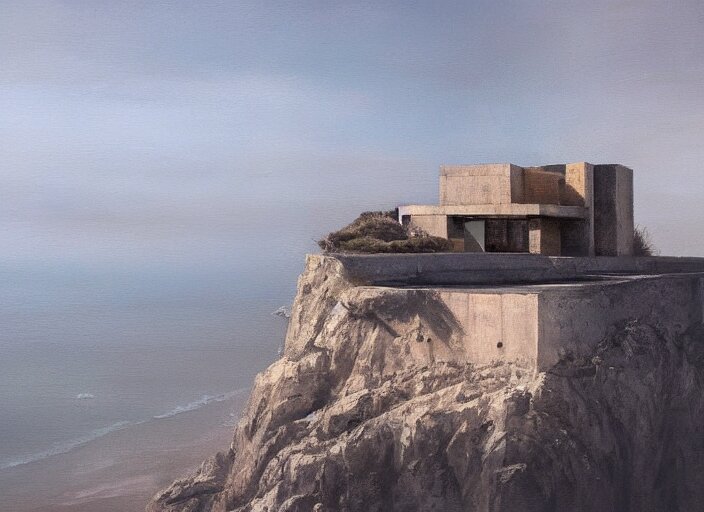 brutalist house, coastal perched on a cliff overlooking a magnificient bay, concept art oil painting by Jama Jurabaev, extremely detailed, brush hard, artstation