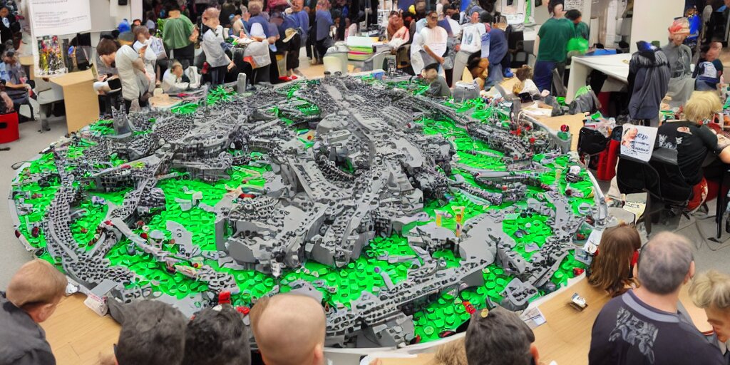 wide shot lens photo of a very intricately detailed and epically shaped 3. 5 meter long hovercraft the nebuchadnezzar from the matrix attacked by squid sentinels lego sculpture designed by a master builder as displayed at a lego convention, low angle shot. 