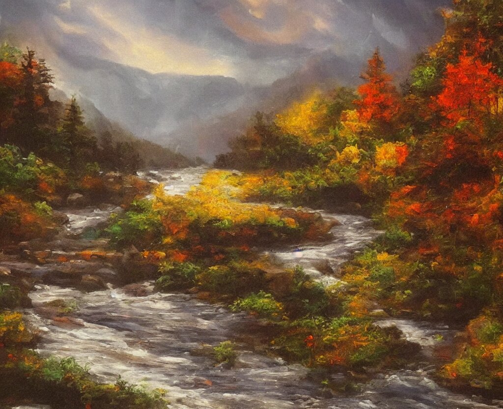 a river running past a cozy cabin in mountain side, night, heavy rain, colorful, classic painting, award winning, highly detailed 