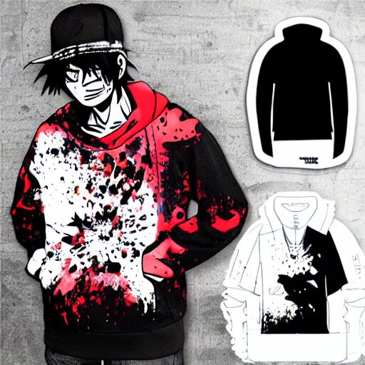 die cut sticker, luffy in techwear, splatter paint 