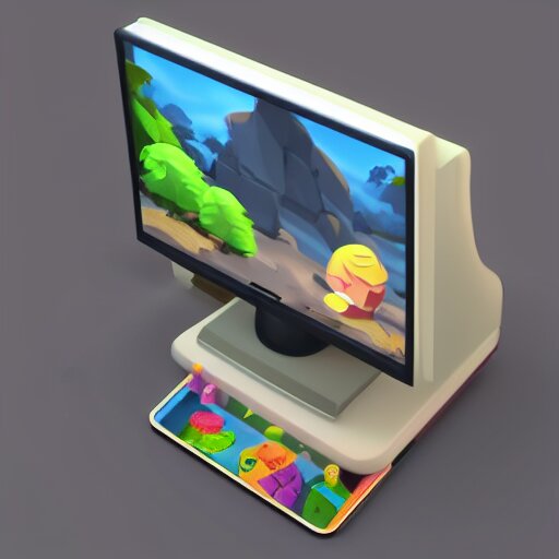 3 d cute object of the pc monitor, mobile game, isometric art, centralised, mohamed chahin, blender cycles render, solid colours material, no background and shadows 