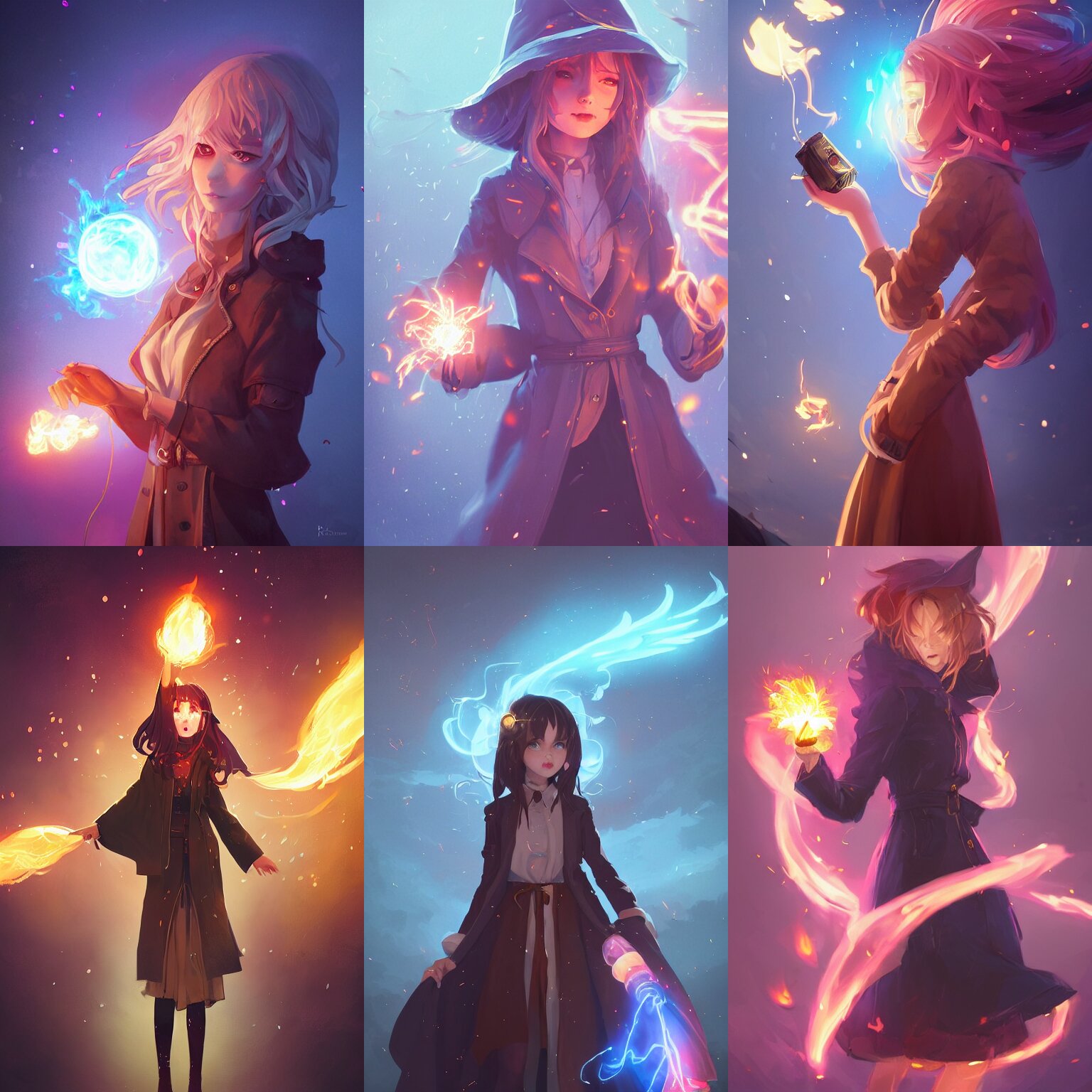 a portrait of a cute female wizard wearing a flowing very stylish trenchcoat, holding a glowing fireball in her hand, fireball lighting her face from below, embers flying in the air, urban fantasy setting, vivid colors, warm lighting, atmospheric, cinematic, moody, in the style of Ilya Kuvshinov and Range Murata, Krenz Cushart, rule of thirds, oil on canvas, 8k