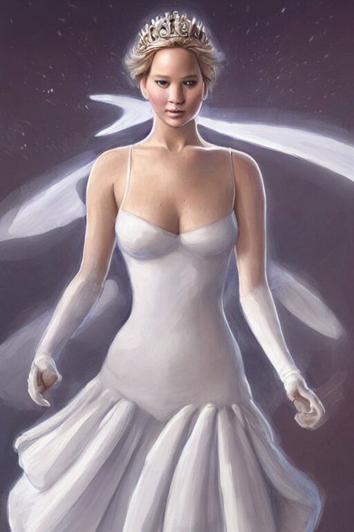 Jennifer Lawrence as Queen wearing a White Dress, anatomy, only two hands, highly detailed, digital painting, artstation, concept art, smooth, sharp focus, illustration, Unreal Engine 5, 8K, art by art by artgerm and greg rutkowski and edgar maxence