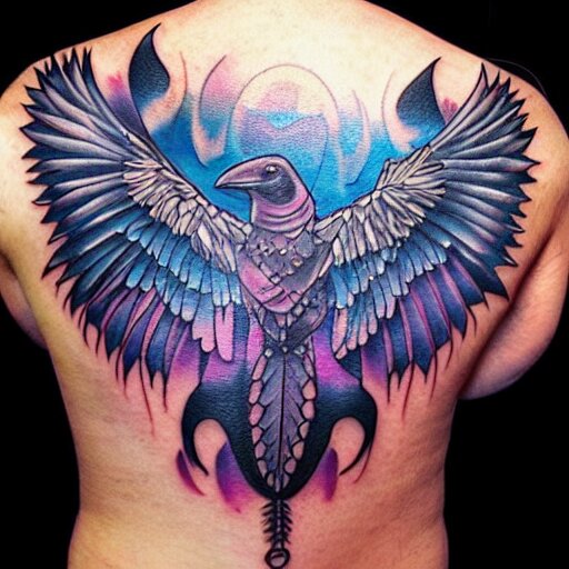 raven, jioness, forest, blue flame, moon, tattoo art by Bryan Alfaro, award winning tattoo concept, highly detailed,