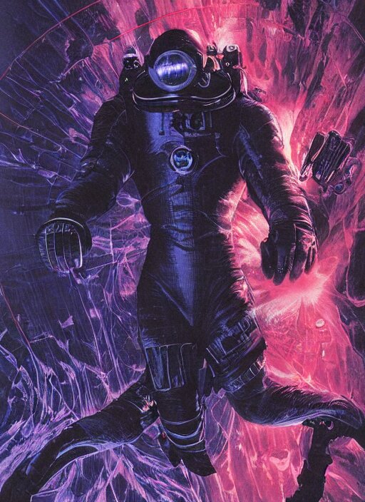 astronauts divers in dark void underwater - complex and hyperdetailed technical suit design. reflection and dispersion materials. rays and dispersion of light. volumetric light. f / 3 2. noise film photo. flash photography. ultra realistic, 5 0 mm. poster by wayne barlowe, hajime sorayama aaron horkey, craig mullins 