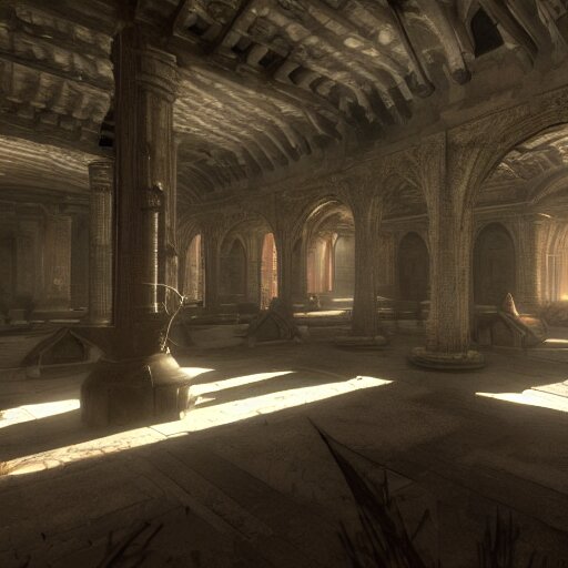 interior mazelike architecture from quake, lovecraftian, liminal space, moody lighting, unreal engine 5, hyper detailed, hyper realistic 