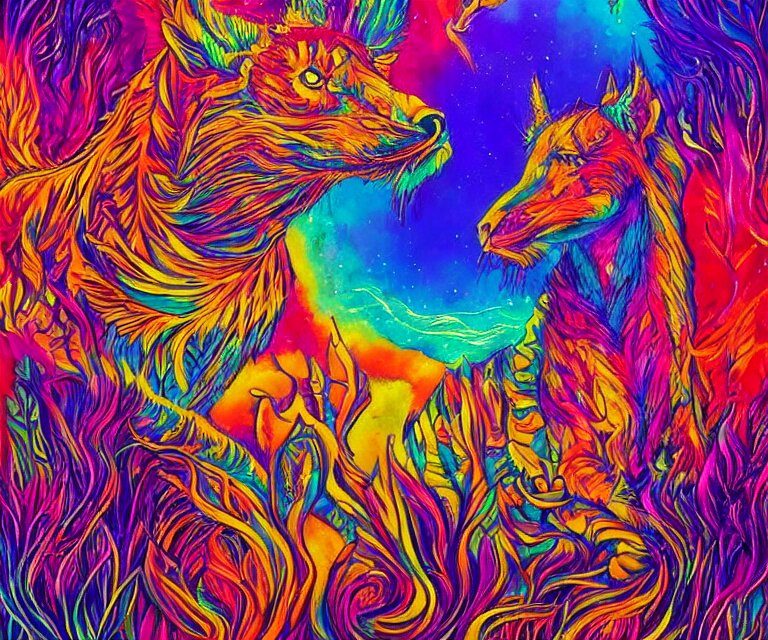 the wildest dream, vivid colors, golden hour, psychedelic art, magical creatures 