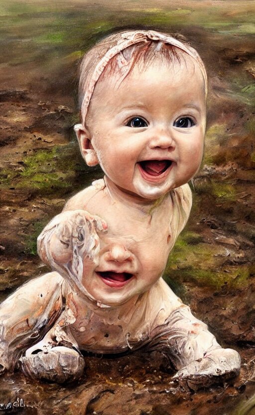 beautiful detailed painting of a baby crawling in the mud. the baby is smiling and happy, and wearing small wellies. vibrant, high quality, very funny, beautiful, hq. hd. 4 k. award winning. trending on artstation 