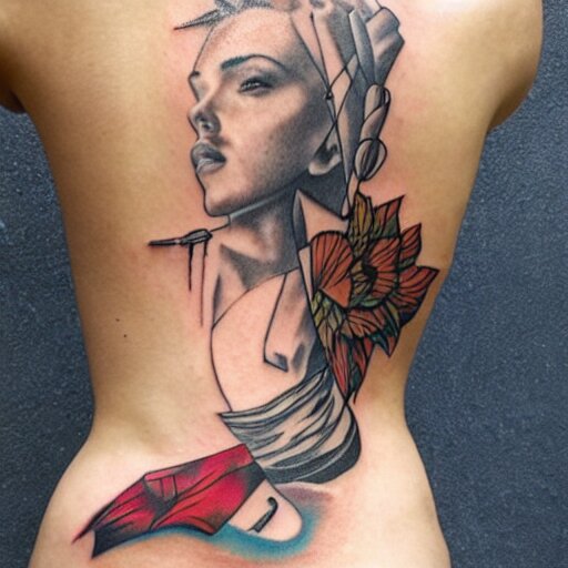 tattoo of Scarlett Johansson, by Loish, back tattoo