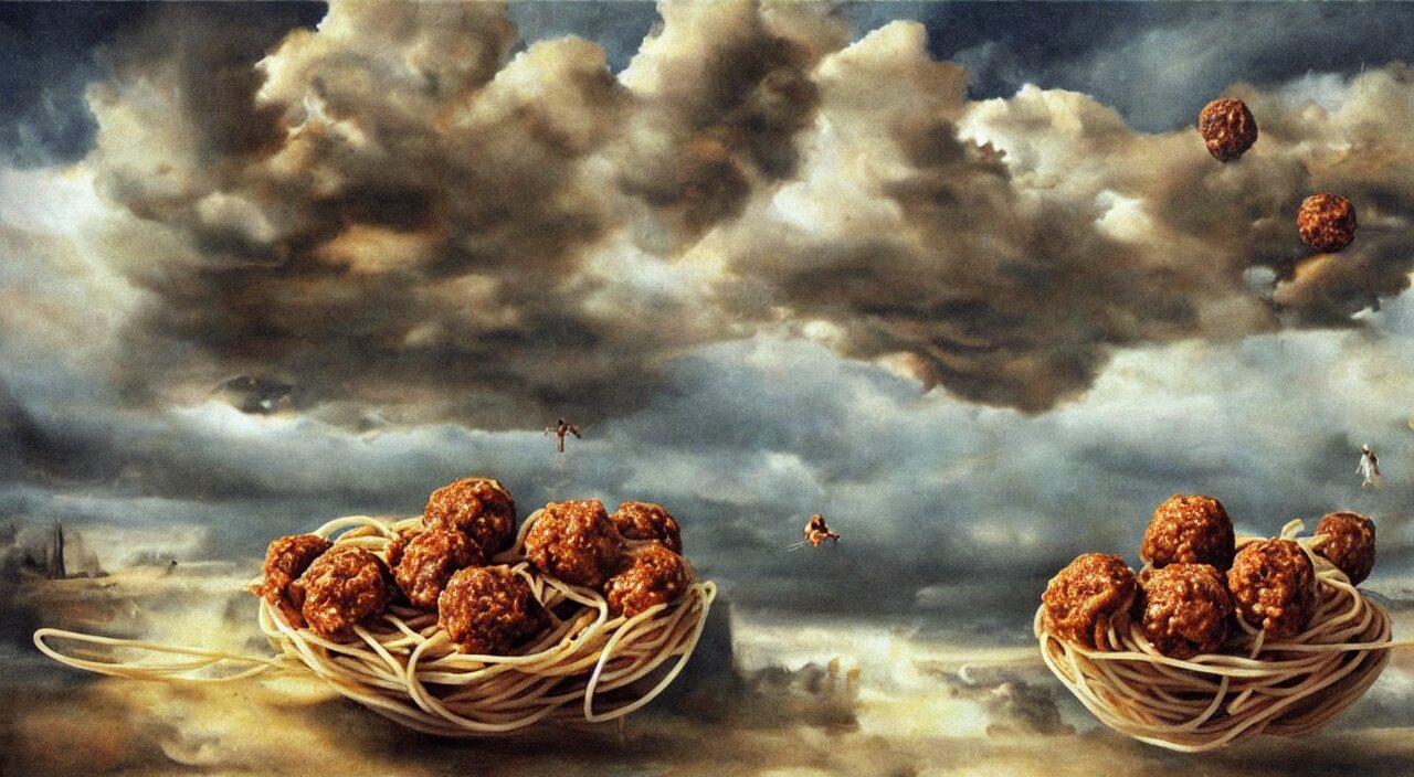 spaghetti bolognesa with meatballs and hundred rusted perfect woman bodies flying in stormy clouds by dali, hyper - realism 