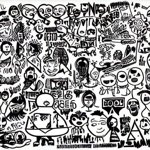 black and white composition of a variety of seperate doodles, drawings, faces, symbols, cartoons, lineart, cave drawing, silhouette, tattoo, chinese ink brush, app icon 