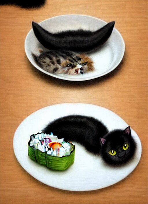 clear photorealistic picture of adorable cats made out of sushi 