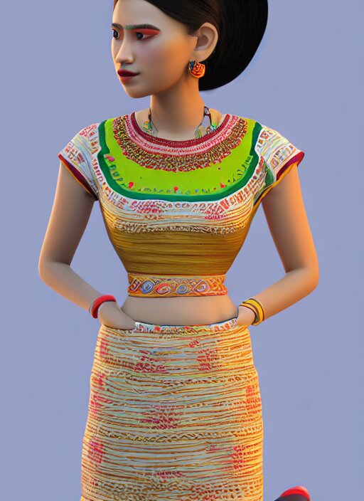 beautiful summer assamese mekehela bihu style floral dress, flirtatious, boho - chic, sleeveless, elegant, short skirt length, slimmer demeanor, plethora of colors ; mini dress ; highly detailed cute face by wlop ; 3 6 0 rotation reference ; octane render, unreal engine 5, trending on artstation, 8 k high resolution, global illumination ray tracing ; symmetrical, cinematic, high coherence, hdr fabric textures 