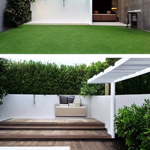 luxury small backyard walls at the sides, modern hut at the back all white, no plants, no grass, brown floor, small pool 