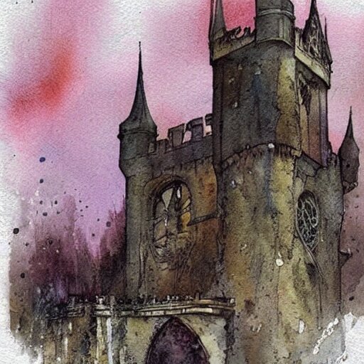 (((((((watercolor sketch of Gothic revival castle gatehouse. painterly, book illustration watercolor granular splatter dripping paper texture. pen and ink))))))) . muted colors. by Jean-Baptiste Monge !!!!!!!!!!!!!!!!!!!!!!!!!!!!!!!!!!!!!!!!