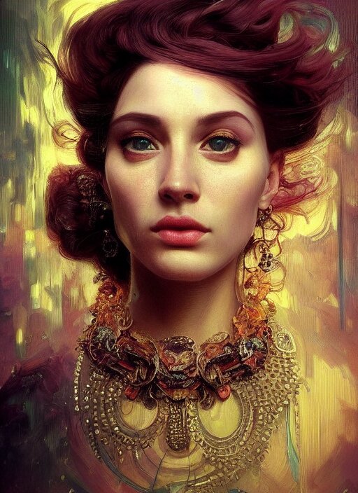 a highly detailed photo of very intricate female face portrait, futurism, rococo cyber neon lighting, detailed futuristic fibonacci jewelry, profile posing, hyper photorealistic, trending in pinterest, cinematic, 4 k ultra hd, by denis villeneuve tom anders zorn hans dragan bibin thoma greg rutkowski ismail inceoglu illustrated sand storm alphonse mucha 