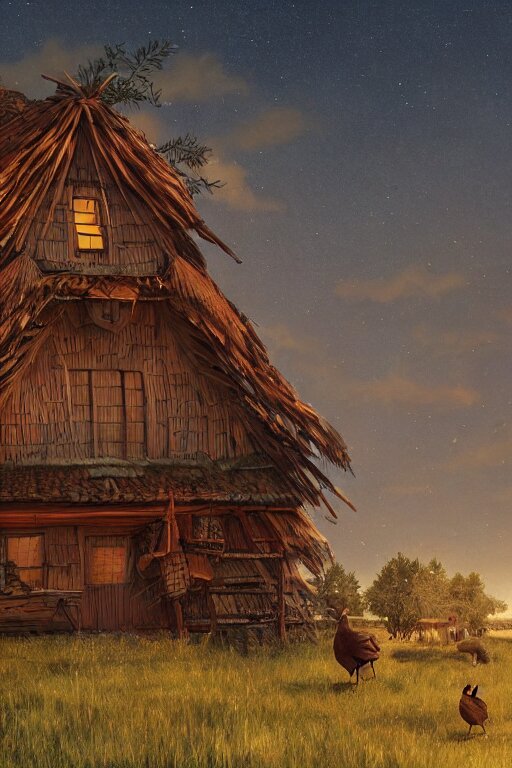 an awesome twilight day concept art of giant hen mixed with old hut, by kengo kuma and wes anderson with village, mixed development, cgsociety, fantastic realism, artstation hq 