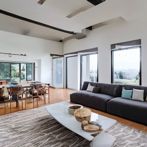 A modern living room with 2 sofas facing each other with a white marble table in the center, on the left side of the living room there is a floor to ceiling glass window that leads to the courtyard, on the right side of the living room there are wooden stairs that lead to the second floor