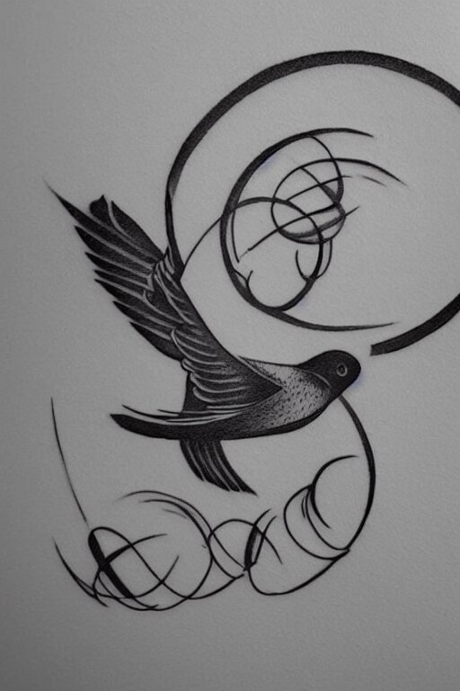 a beautiful tattoo design of minimalist swallows flying into spherical lines and simple basic shapes, black ink, line art 