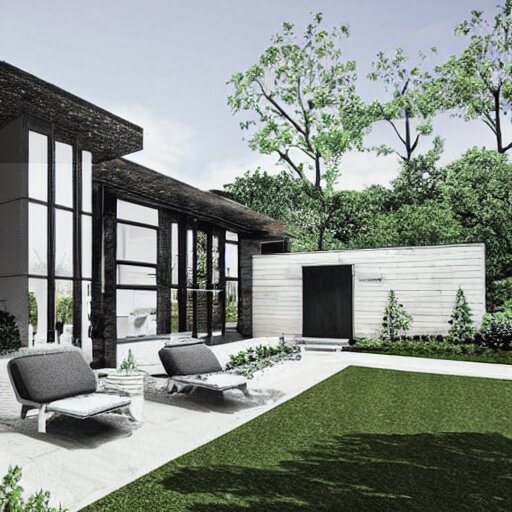 an architectural drawing of a modern house with a courtyard, detailed, lush, 